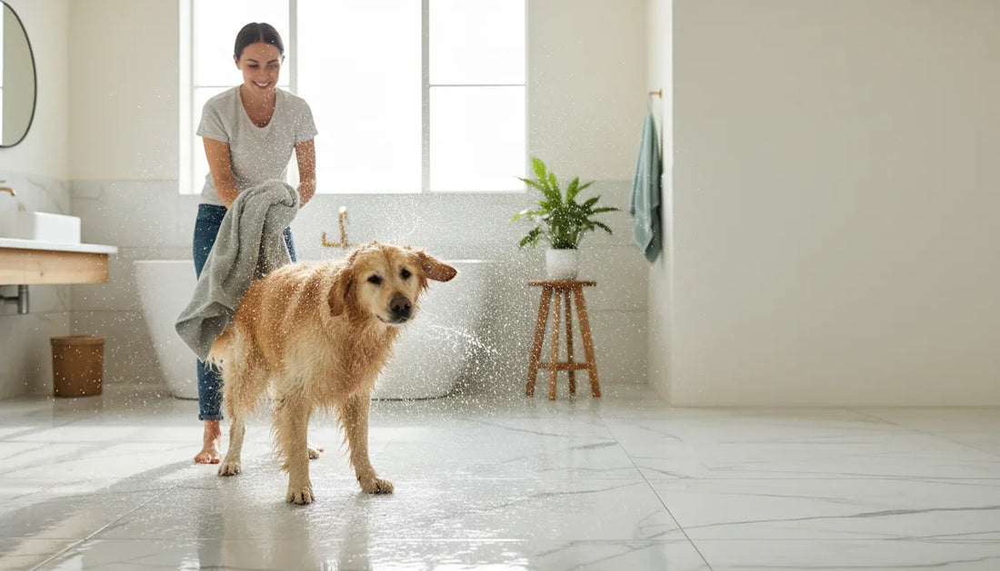 Chien mouillé qui transforme la salle d’eau en patinoire - Image de couverture