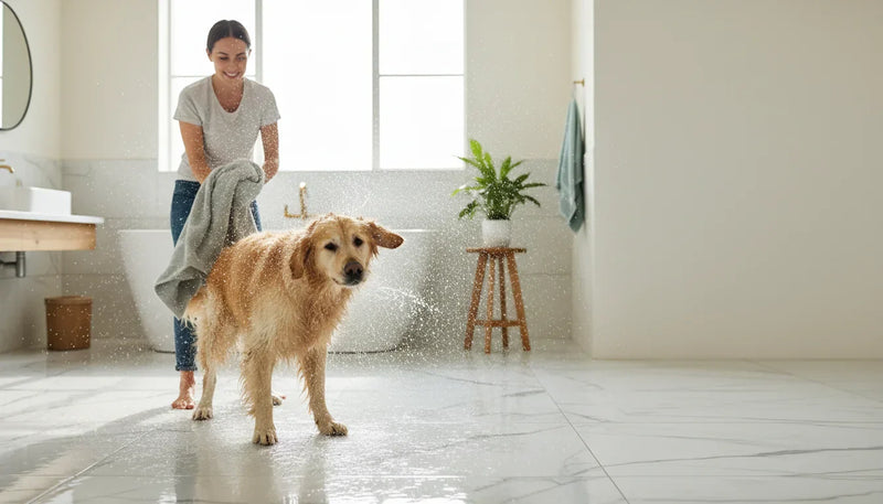 Chien mouillé qui transforme la salle d’eau en patinoire - Image de couverture