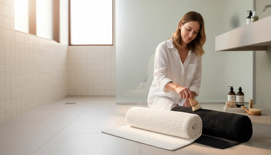 Tapis de bain blanc ou noir: traces, entretien et déco - Image de couverture
