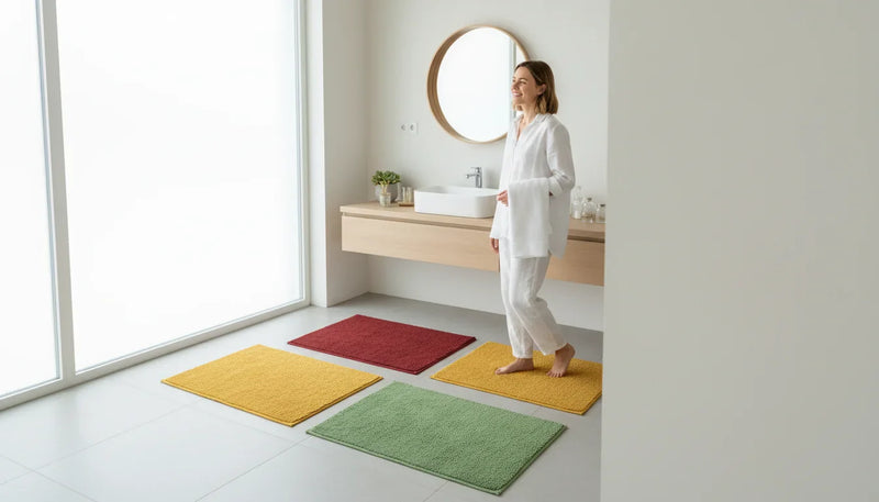 Tapis de bain colorés: jaune, rouge, vert pour égayer - Image de couverture