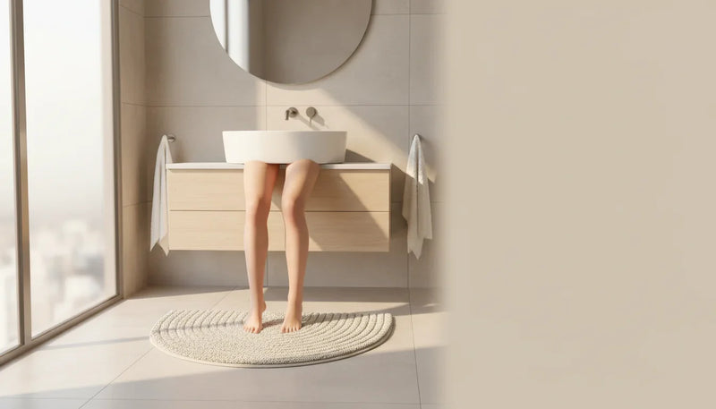 Tapis de bain demi lune pour devant de lavabo: idées déco - Image de couverture