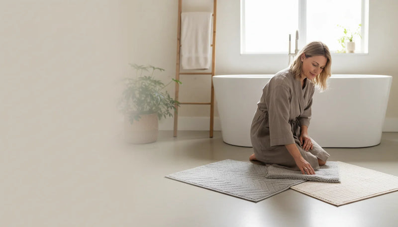 Tapis de bain gris et beige pour ambiance zen et neutre - Image de couverture