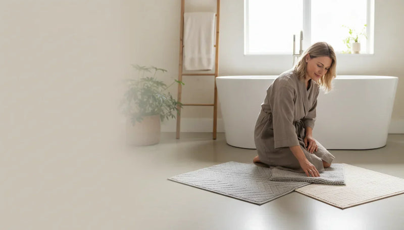 Tapis de bain gris et beige pour ambiance zen et neutre - Image de couverture