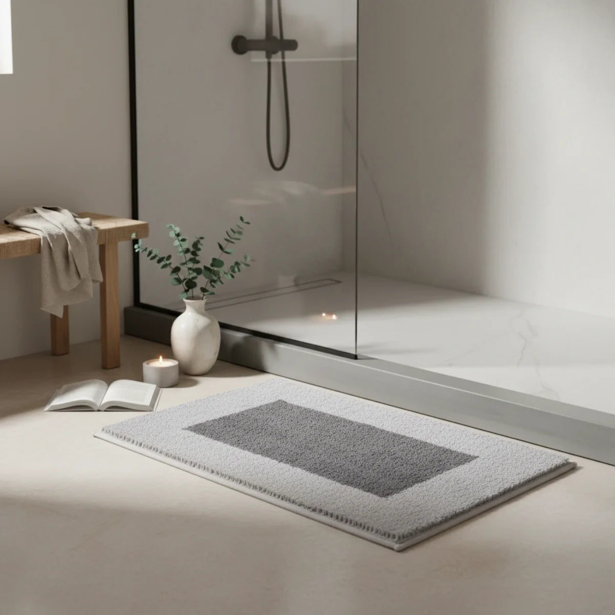 Tapis De Bain Absorbant Antidérapant Cadre Gris