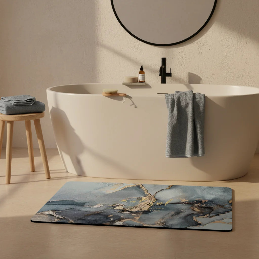 Tapis De Bain Anti Dérapant 80x50CM Minéral Bleuté