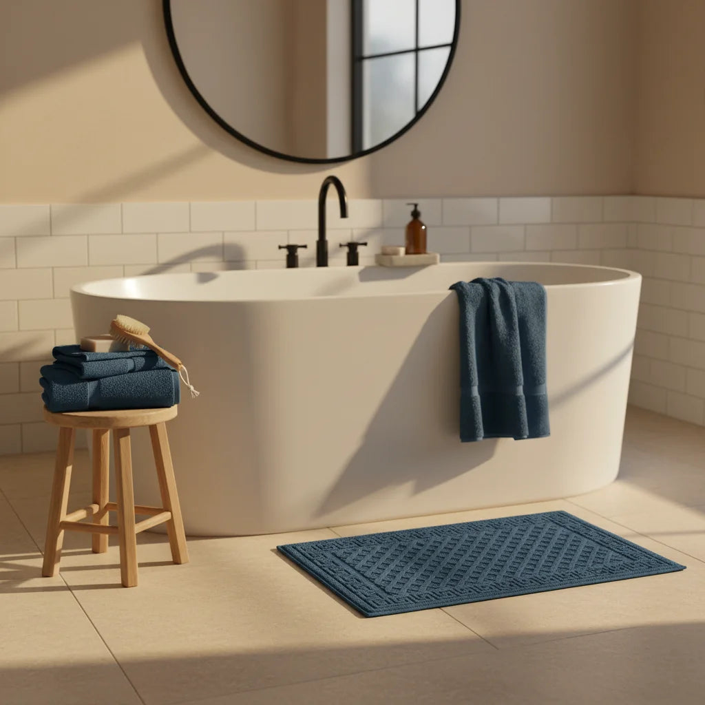 Tapis De Bain Antidérapant Coton Bleu Canard