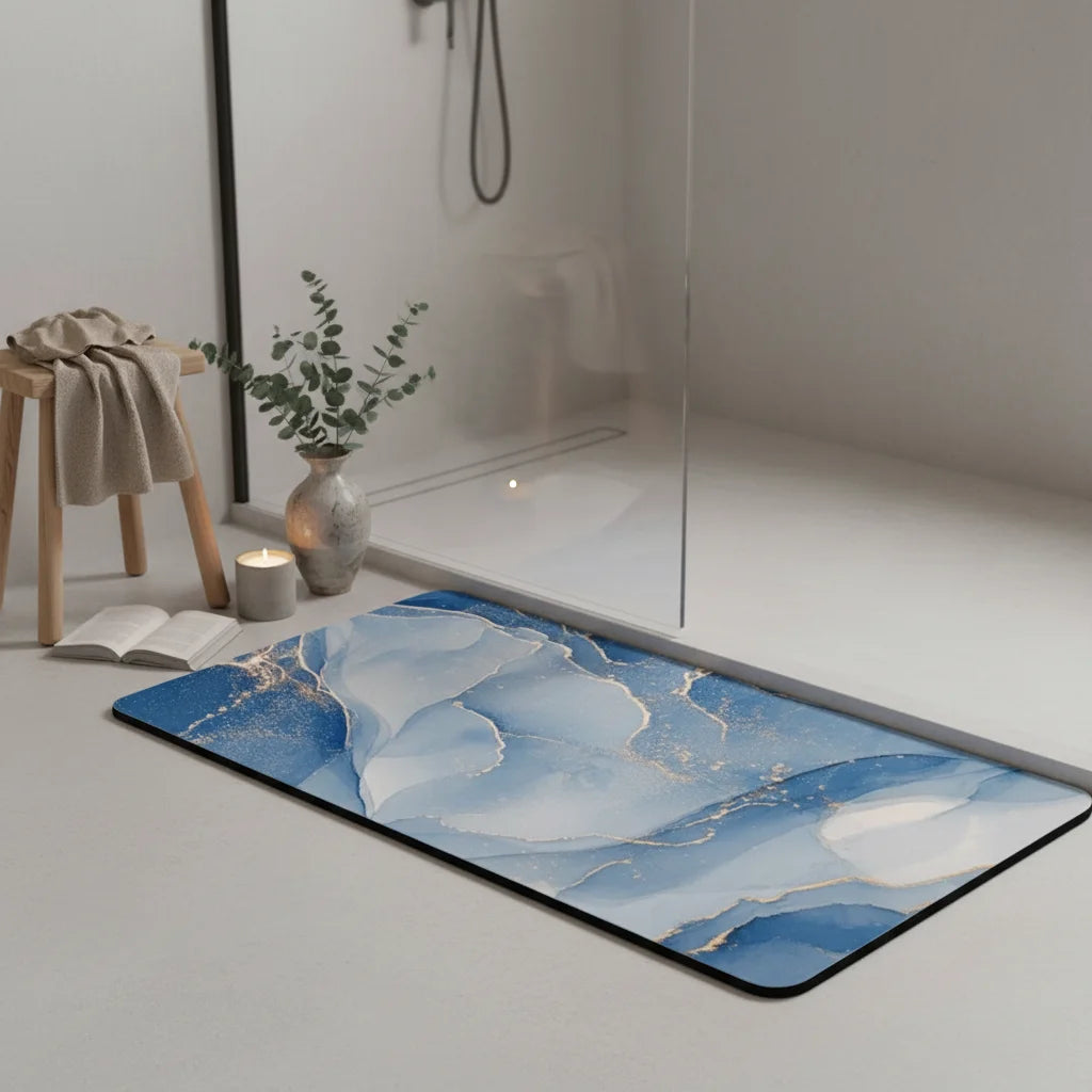 Tapis de Bain Antidérapant Haut de Gamme Marbre Azur