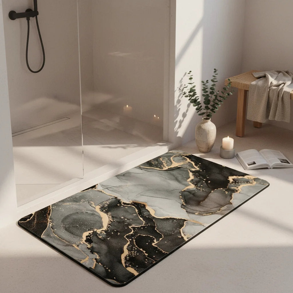 Tapis de Bain Antidérapant Haut de Gamme Marbre Obscur