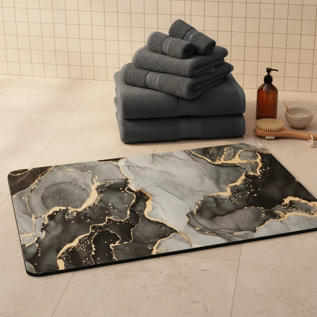 Tapis de Bain Antidérapant Haut de Gamme Marbre Obscur
