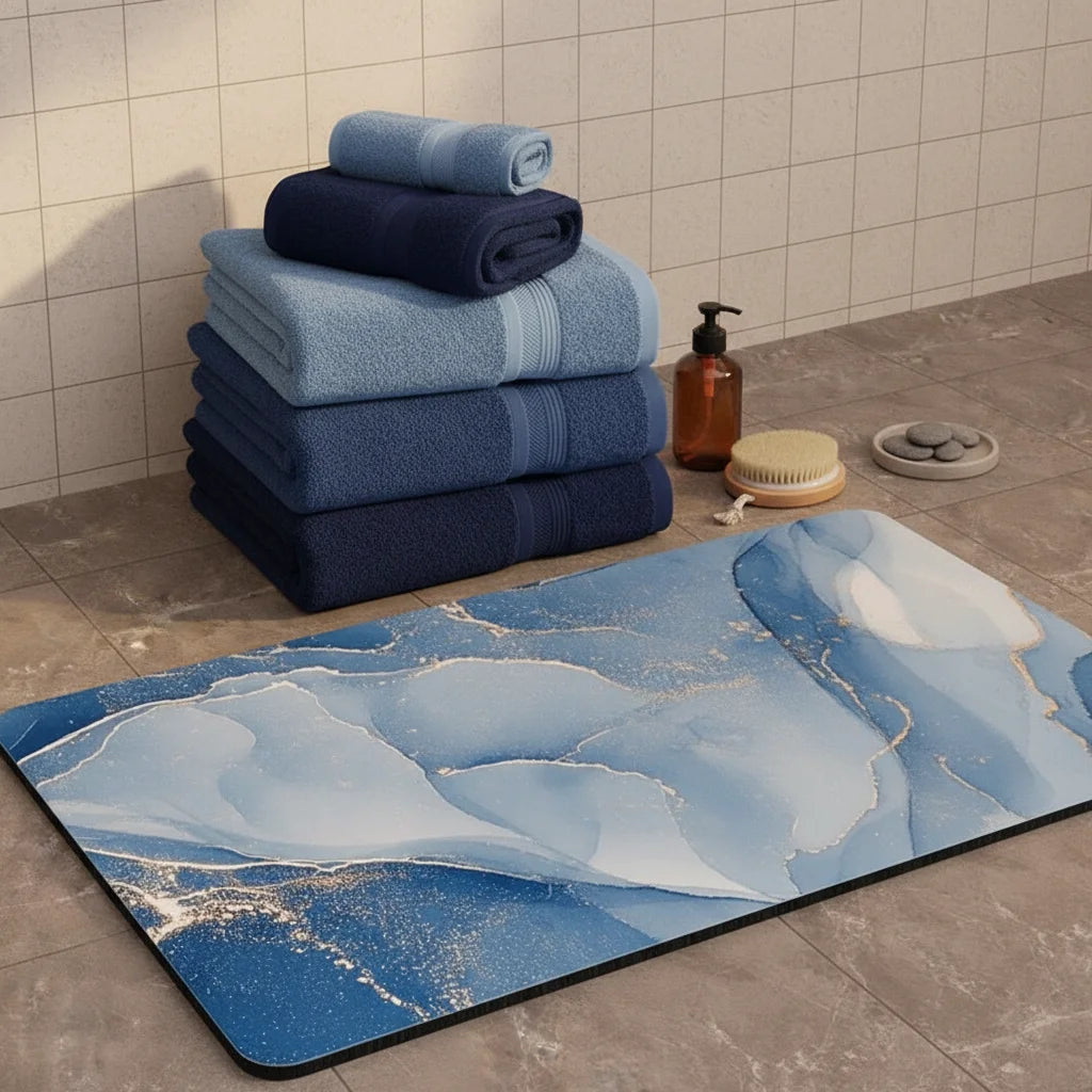 Tapis de Bain Antidérapant Haut de Gamme Marbre Azur