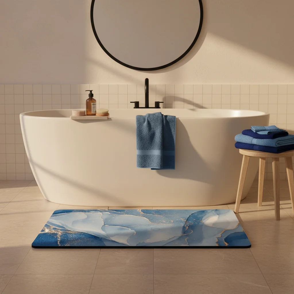 Tapis de Bain Antidérapant Haut de Gamme Marbre Azur