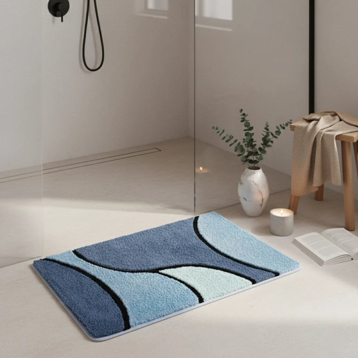 Tapis de Bain Art Déco Courbes Marines