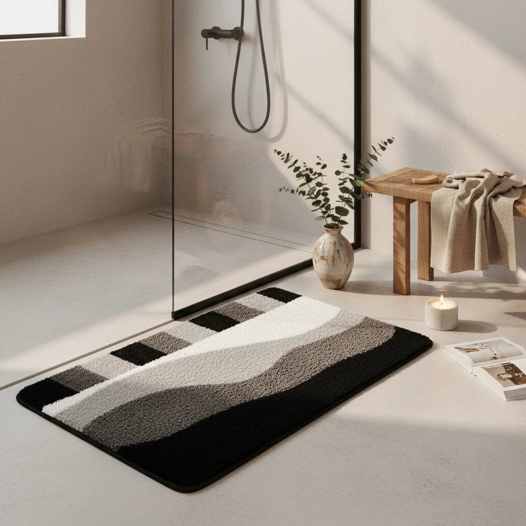 Tapis De Bain Blanc Gris Et Noir geomgrey