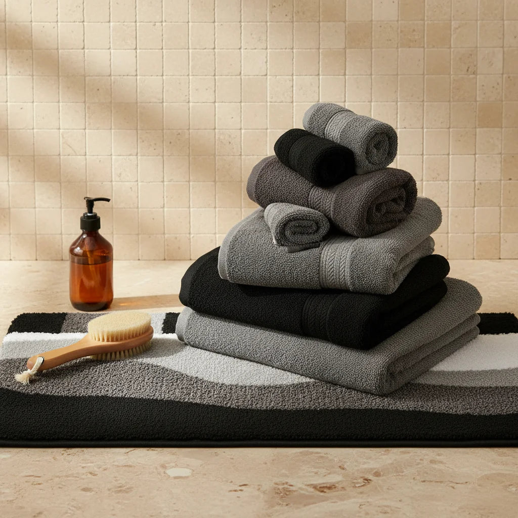 Tapis De Bain Blanc Gris Et Noir geomgrey