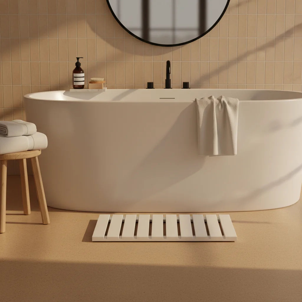 Tapis De Bain Caillebotis Bambou Blanc Neige