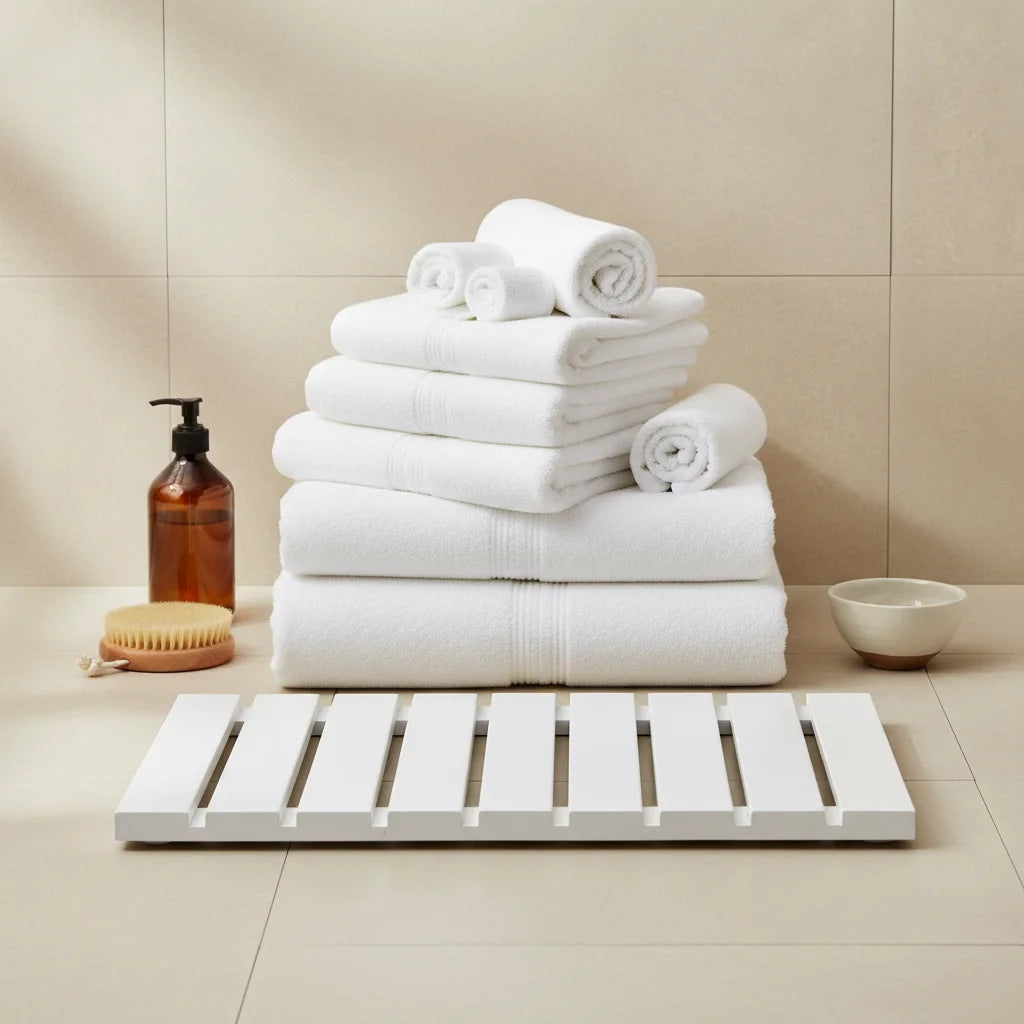 Tapis De Bain Caillebotis Bambou Blanc Neige