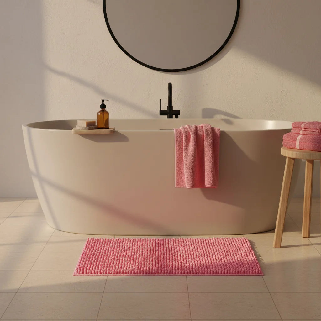 Tapis De Bain Chenille Rose 70x140cm