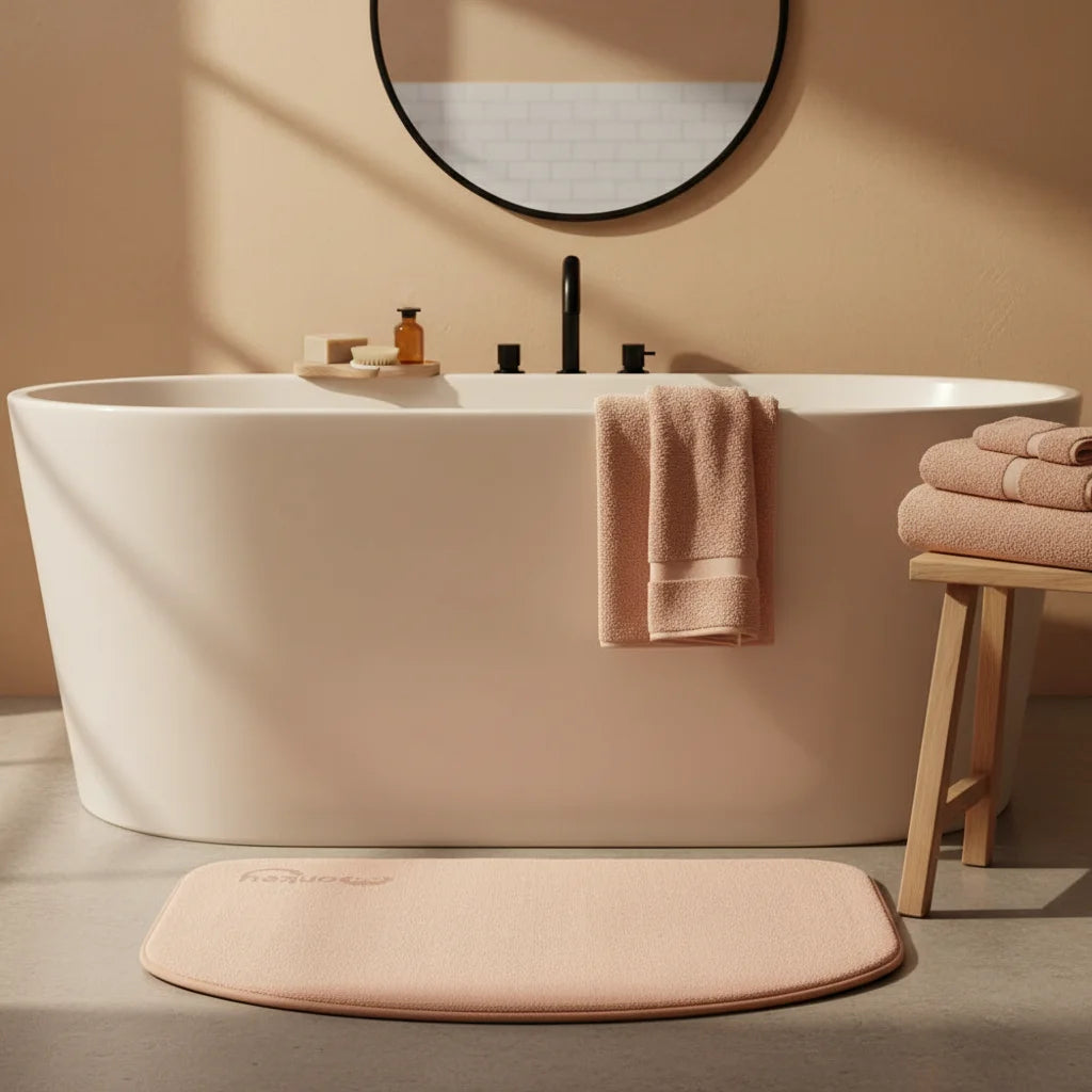 Tapis De Bain Demi Lune Microfibre Beige Rosé