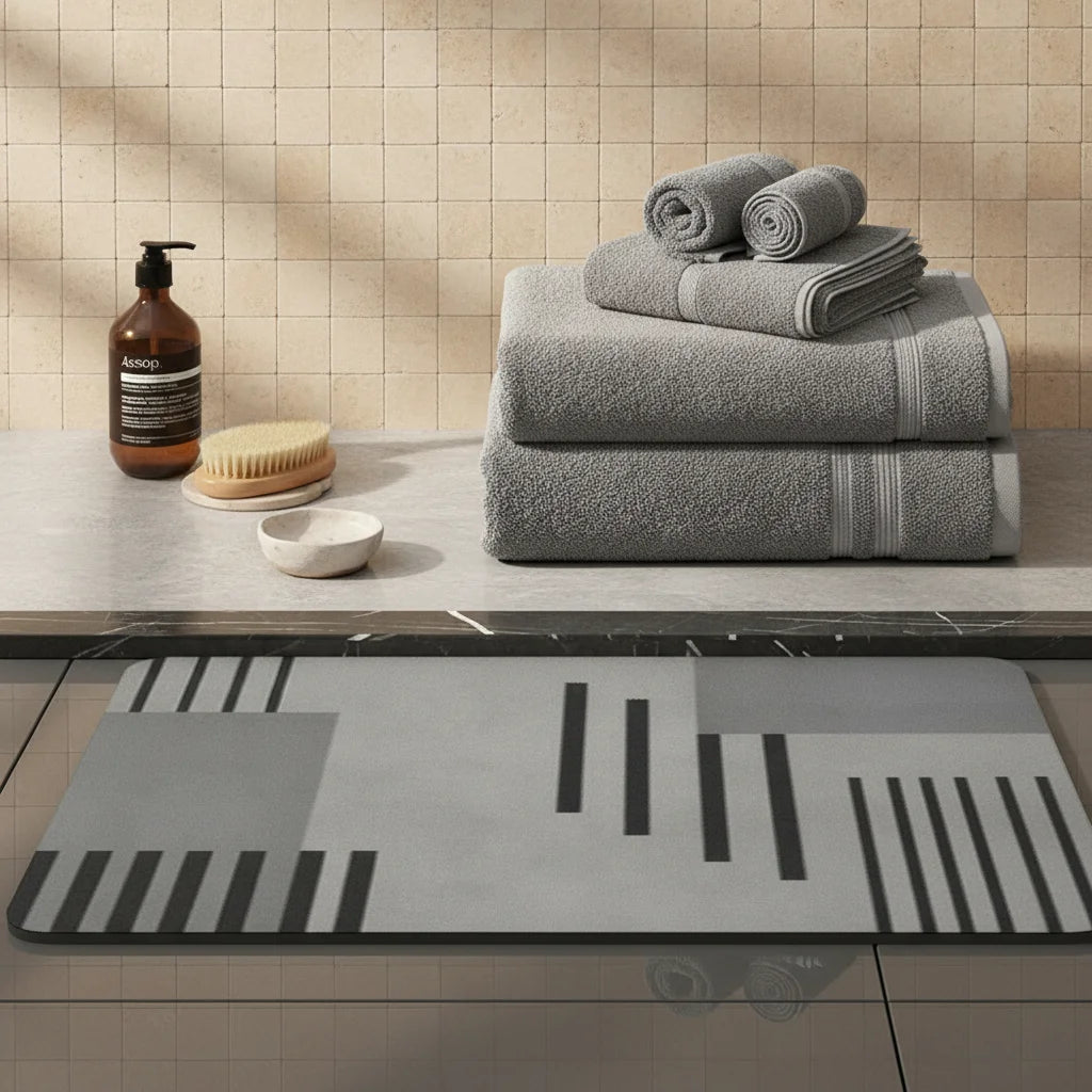 Tapis de Bain Diatomite Gris Graphique Épuré