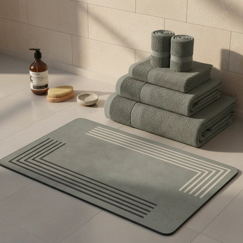 Tapis de Bain Diatomite Gris Lignes Angulaires