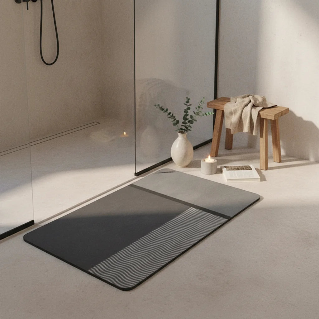 Tapis de Bain Diatomite Gris Blocs Rayés