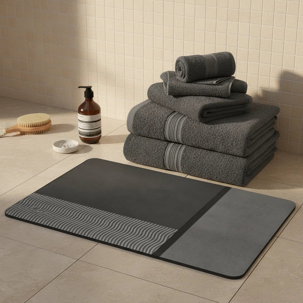 Tapis de Bain Diatomite Gris Blocs Rayés