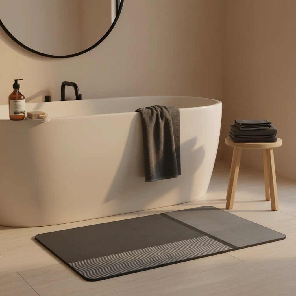 Tapis de Bain Diatomite Gris Blocs Rayés