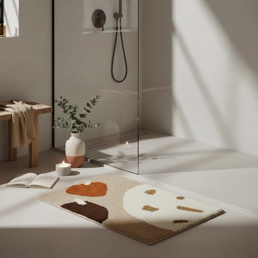 Tapis de Bain Épais Marron et Beige Abstrait Sable