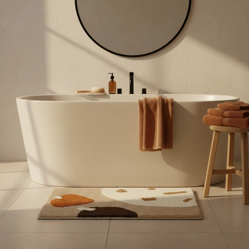 Tapis de Bain Épais Marron et Beige Abstrait Sable