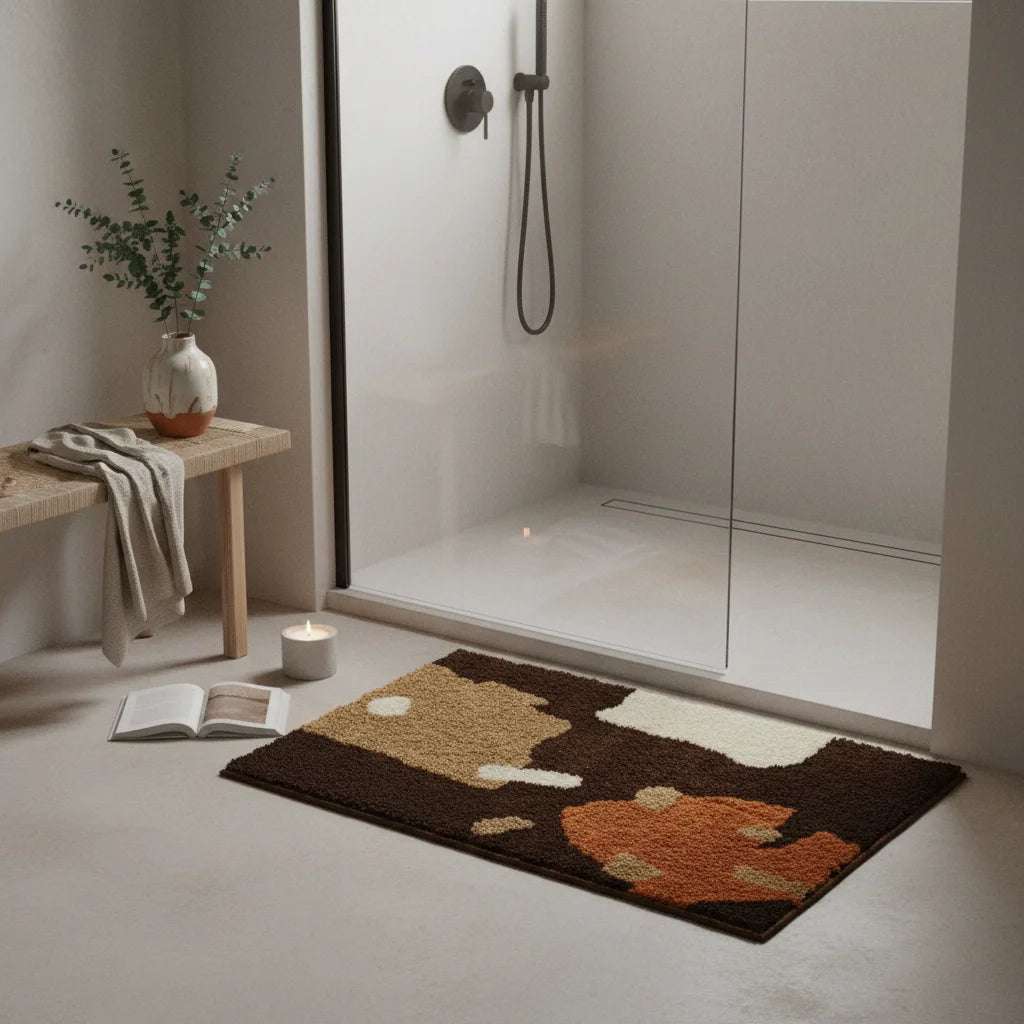 Tapis de Bain Épais Marron et Beige Abstrait Terre