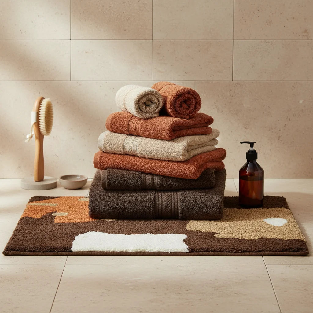 Tapis de Bain Épais Marron et Beige Abstrait Terre