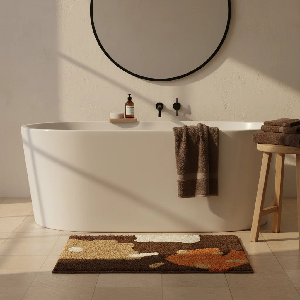 Tapis de Bain Épais Marron et Beige Abstrait Terre