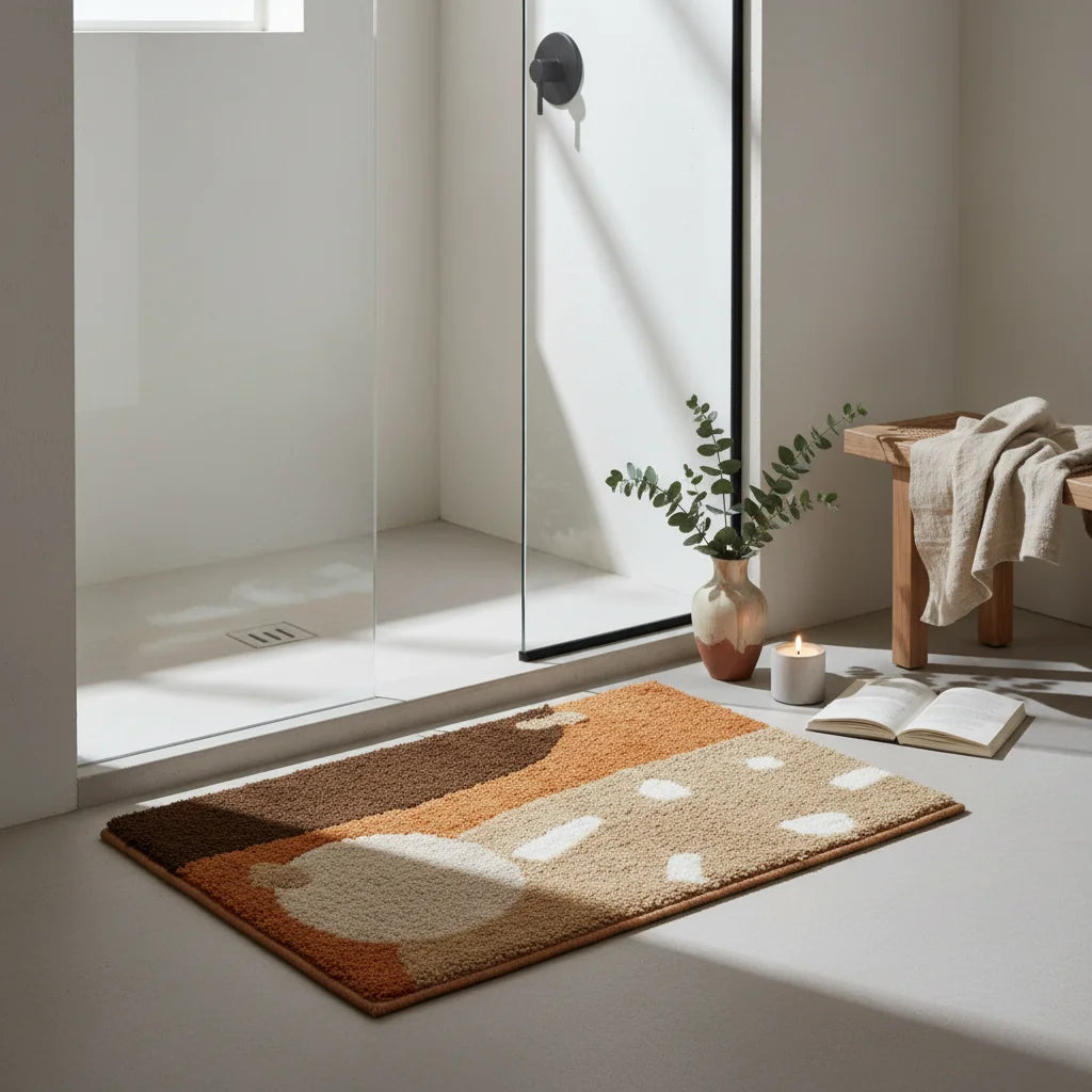 Tapis de Bain Épais Marron et Beige Abstrait Orangée