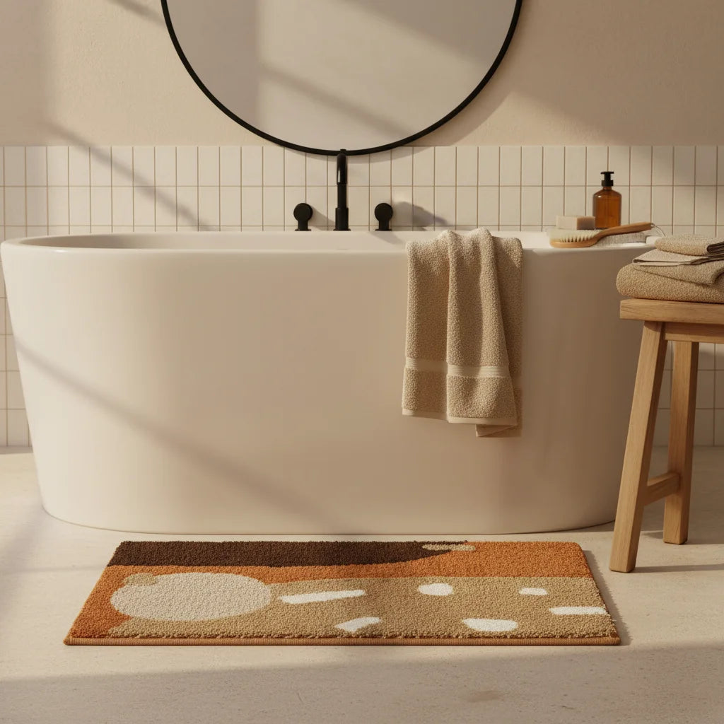 Tapis de Bain Épais Marron et Beige Abstrait Orangée