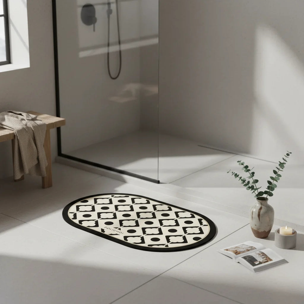 Tapis de Bain Forme Ovale Géométrique Noir