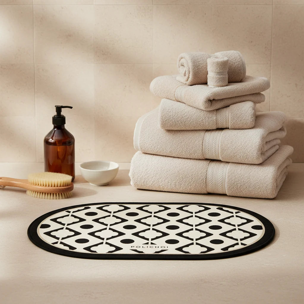 Tapis de Bain Forme Ovale Géométrique Noir