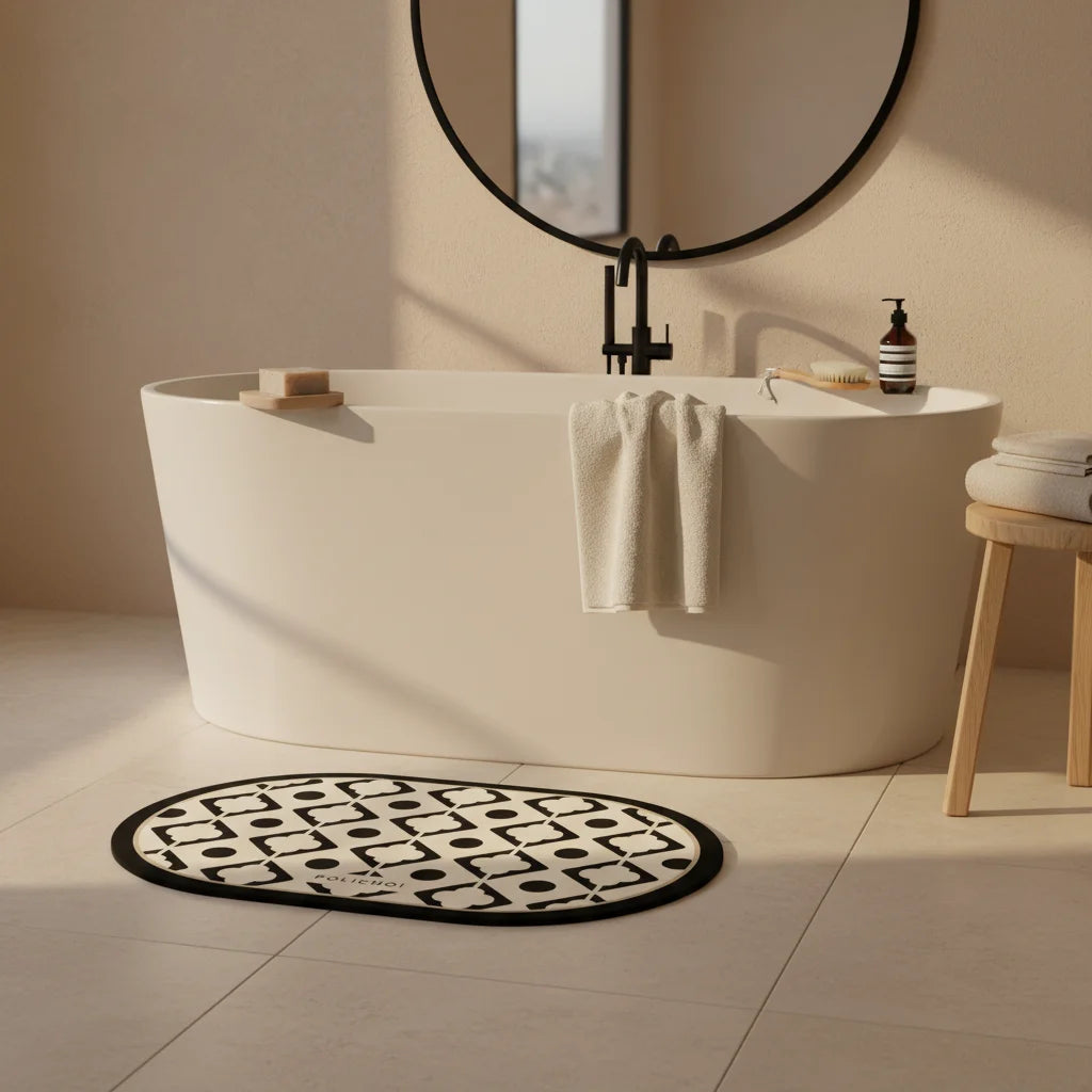 Tapis de Bain Forme Ovale Géométrique Noir