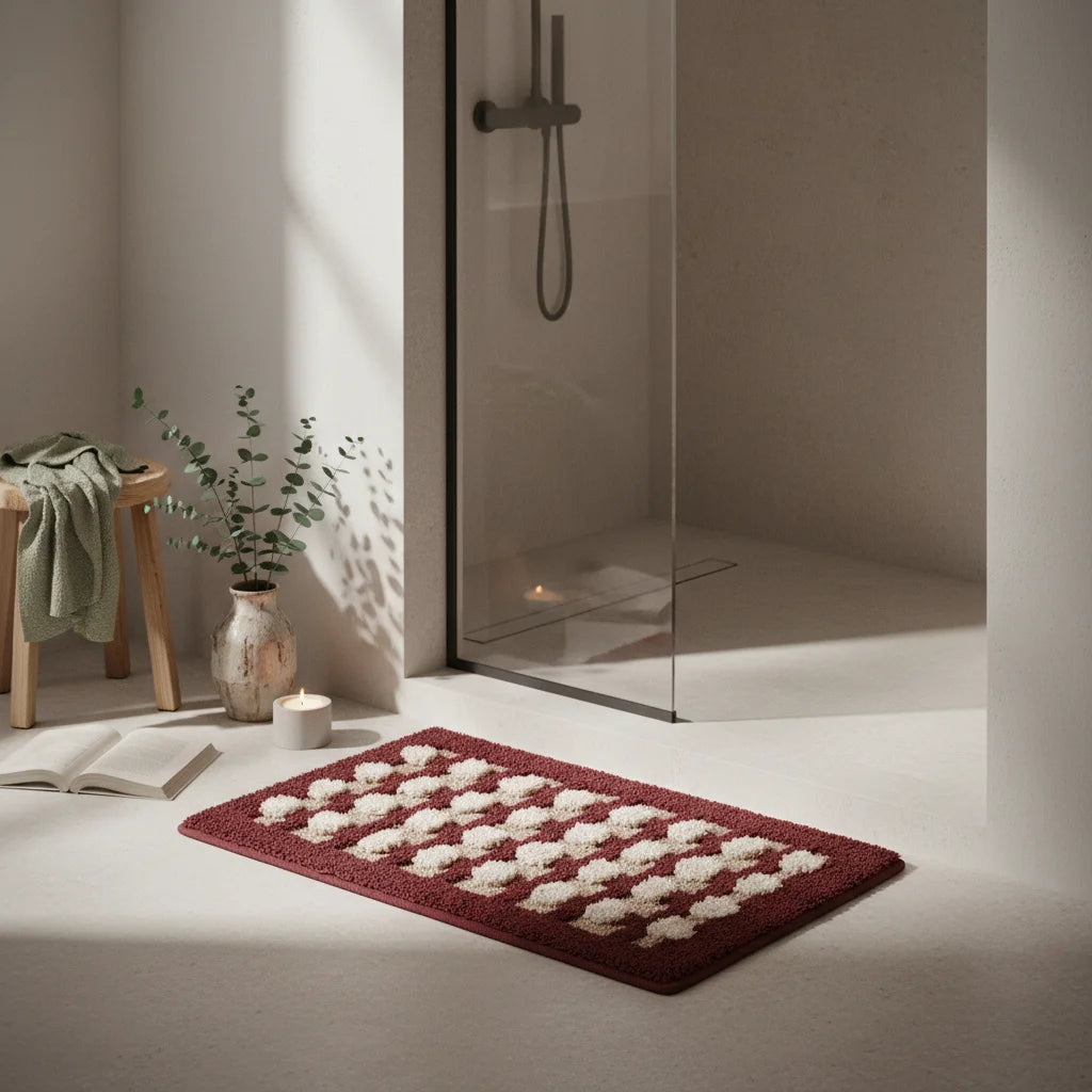 Tapis de Bain Géométrique Damier Rouge