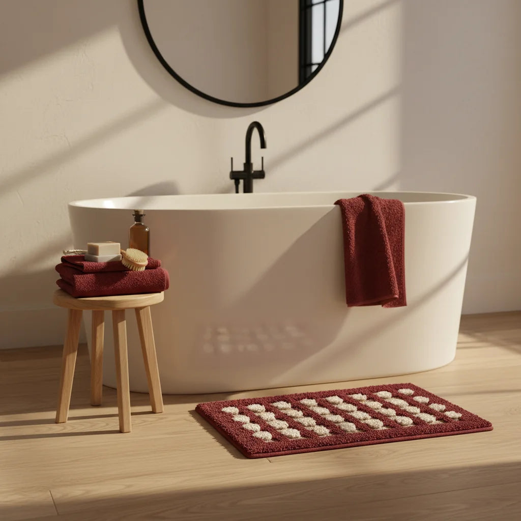 Tapis de Bain Géométrique Damier Rouge