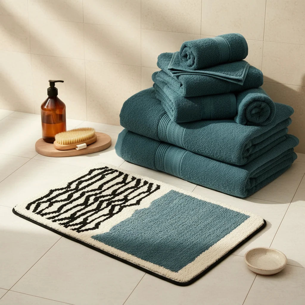 Tapis de Bain Moderne Abstrait Bleu