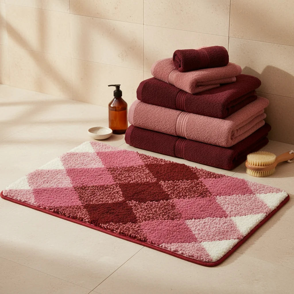 Tapis de Bain Motif Carreaux Carreaux Rose