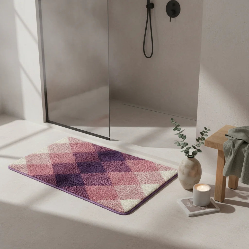 Tapis de Bain Motif Carreaux Carreaux Prune