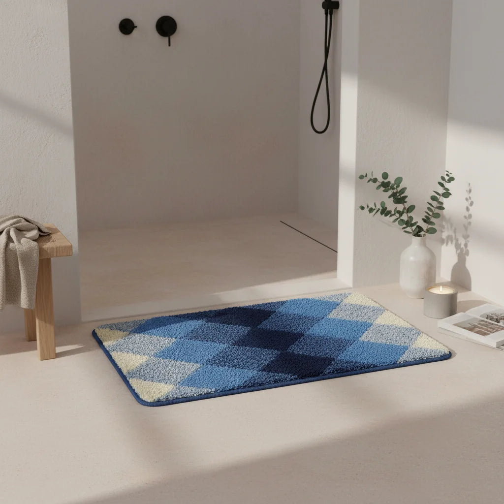 Tapis de Bain Motif Carreaux Carreaux Bleu