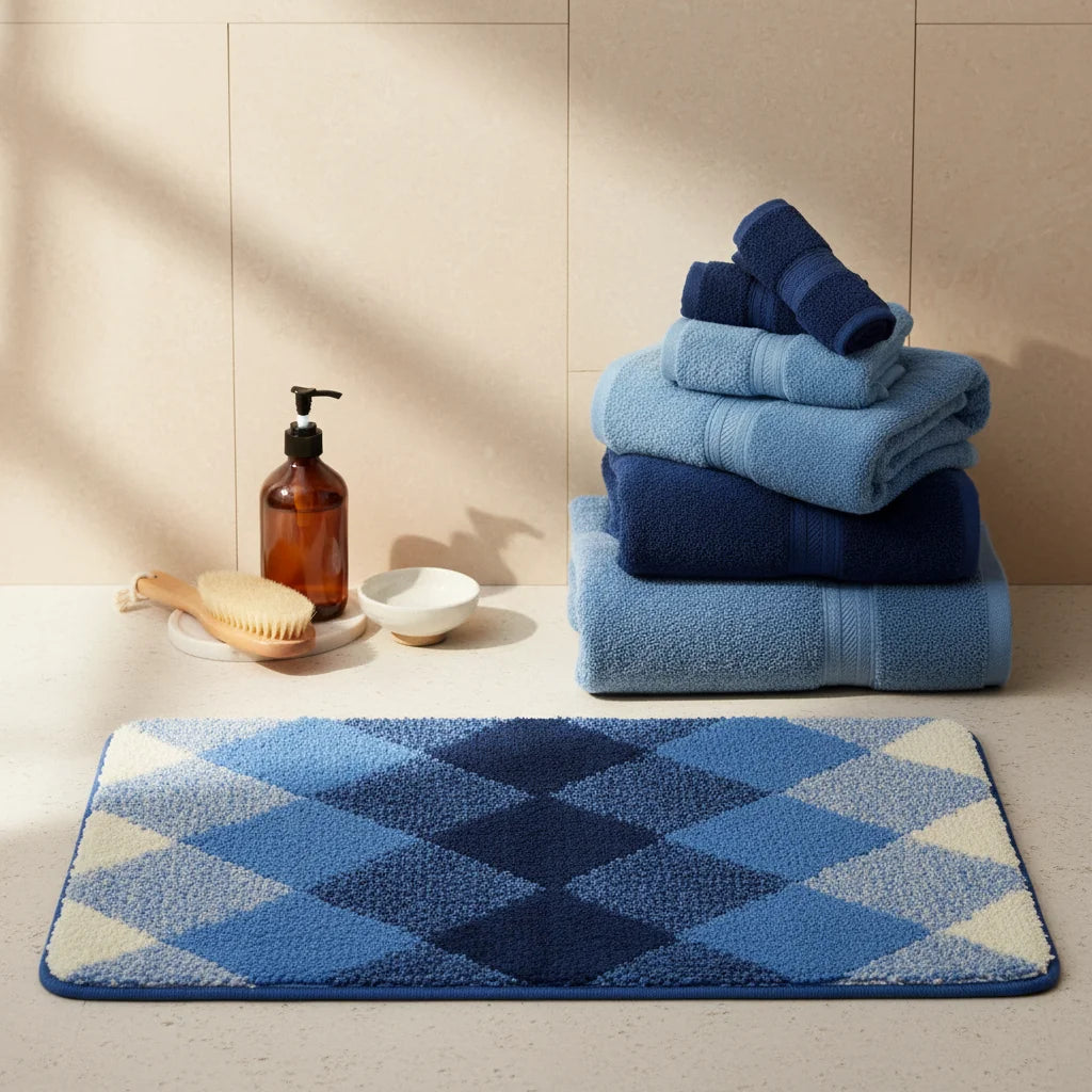 Tapis de Bain Motif Carreaux Carreaux Bleu