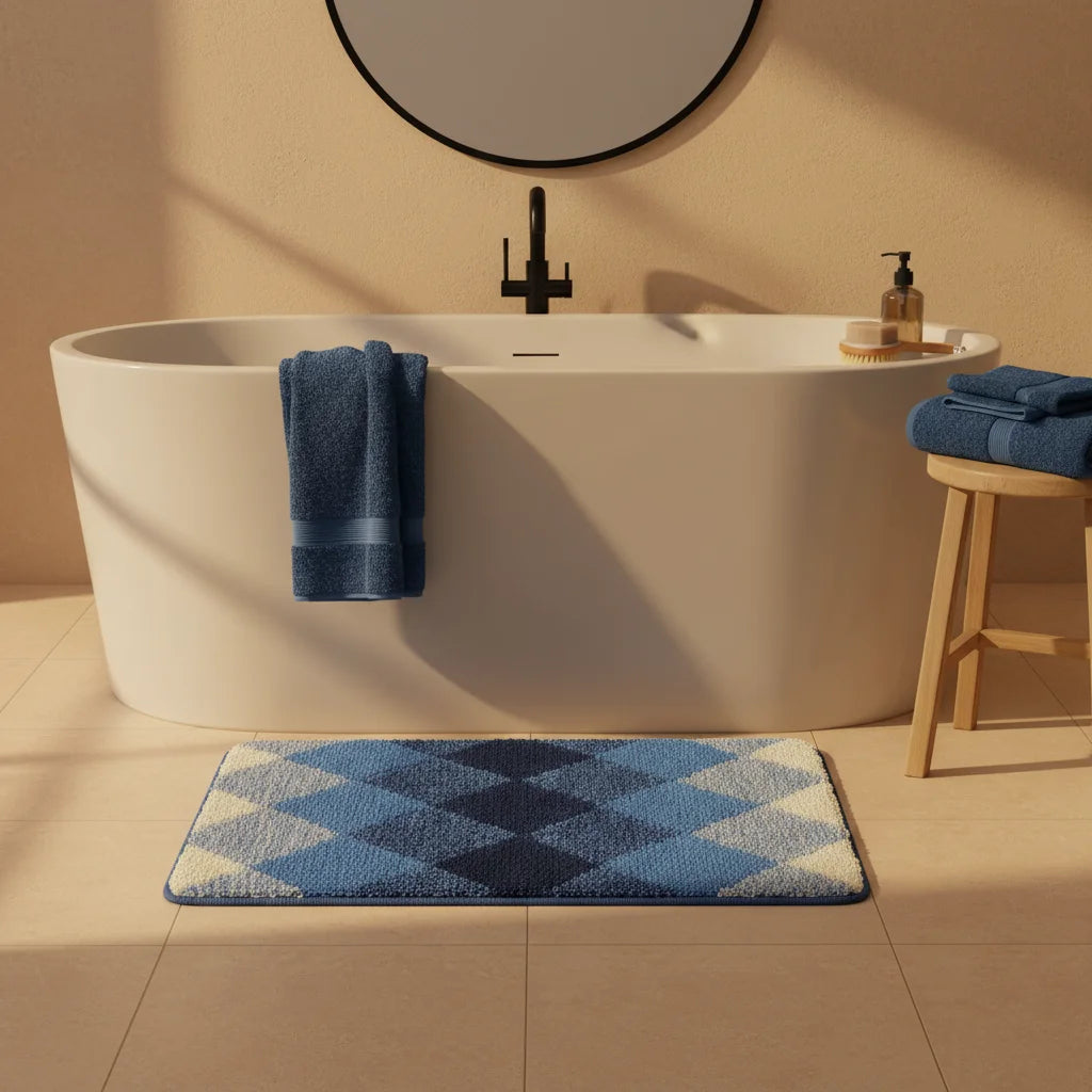 Tapis de Bain Motif Carreaux Carreaux Bleu