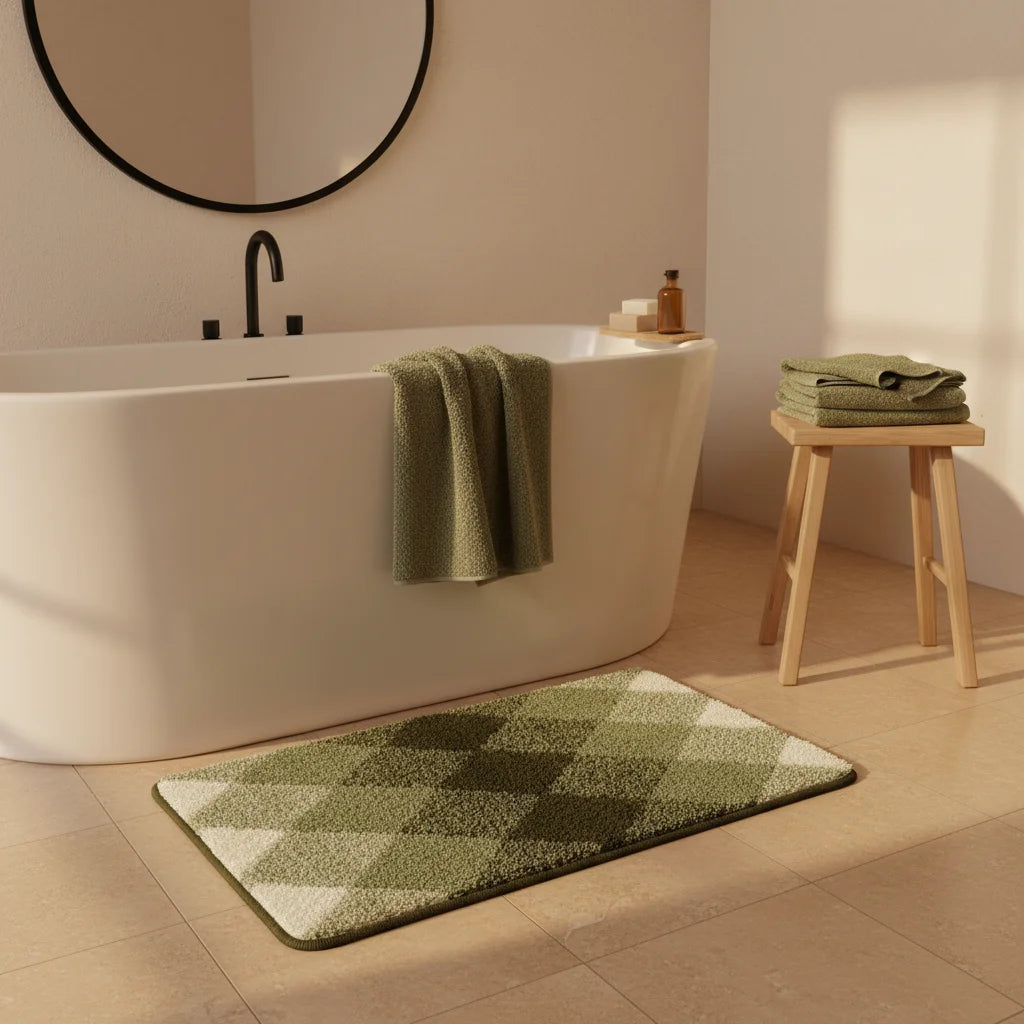 Tapis de Bain Motif Carreaux Carreaux Kaki