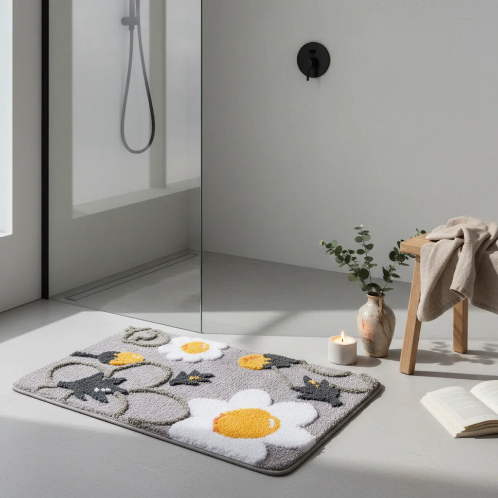 Tapis de Bain Motif Fleur Floral Gris