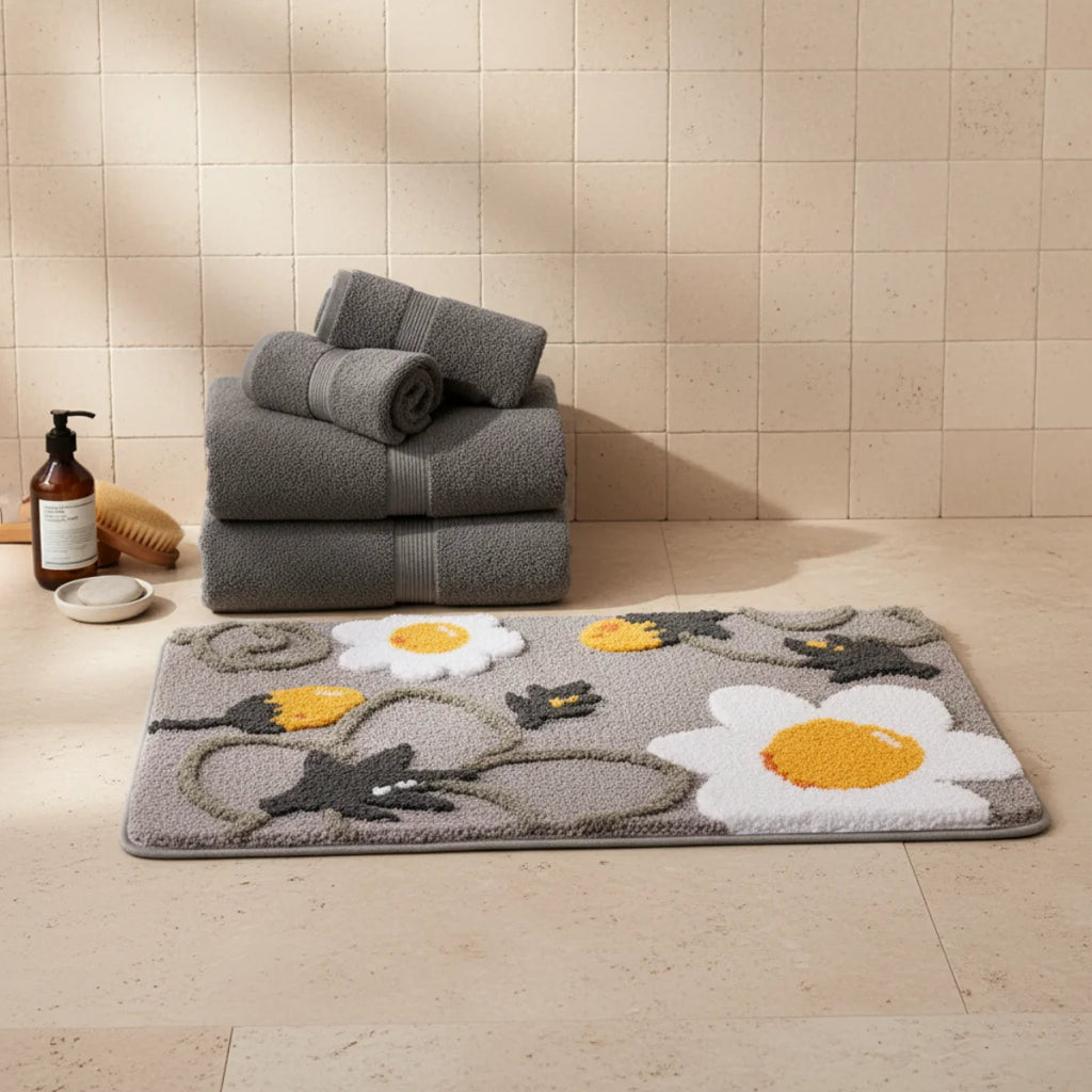 Tapis de Bain Motif Fleur Floral Gris