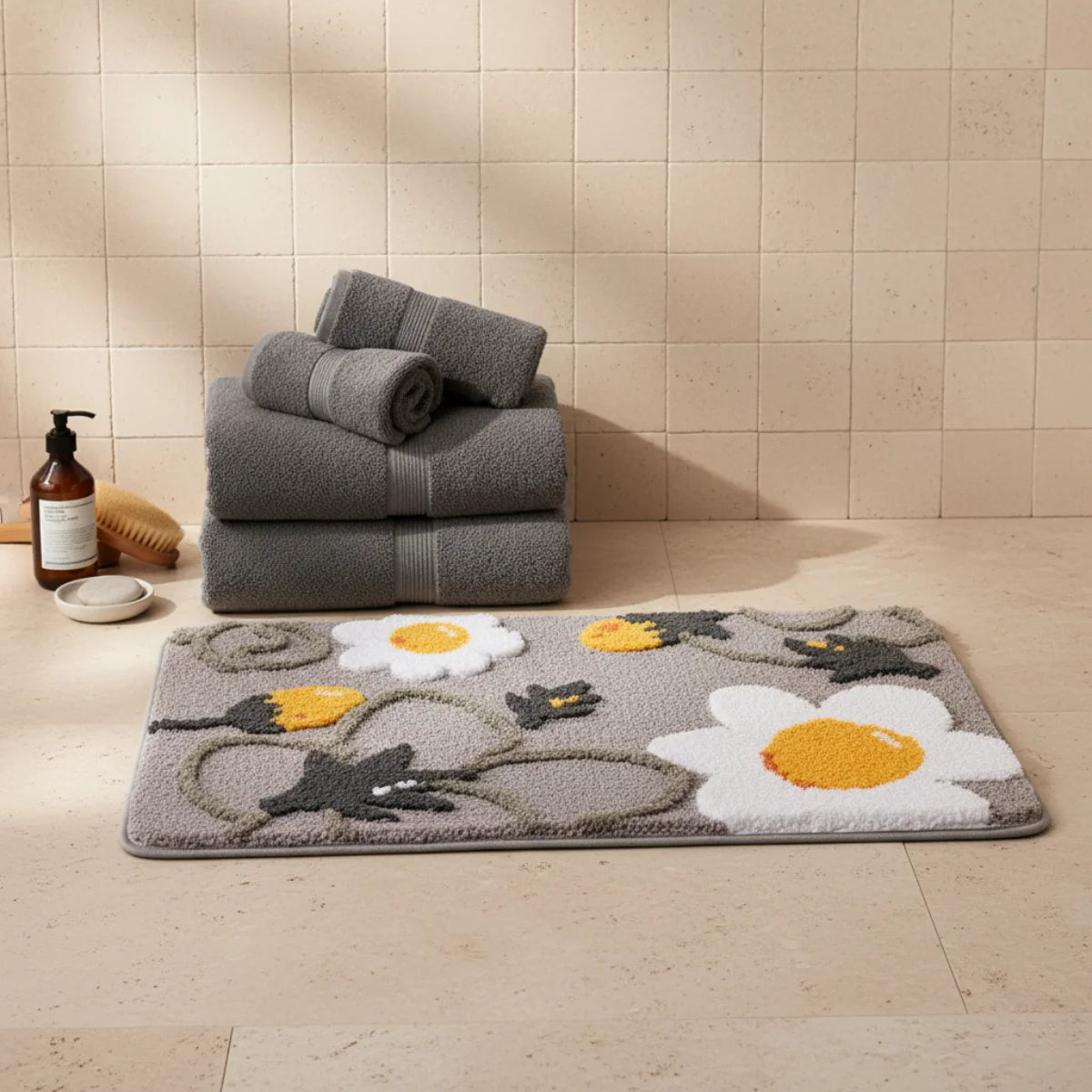 Tapis de Bain Motif Fleur Floral Gris