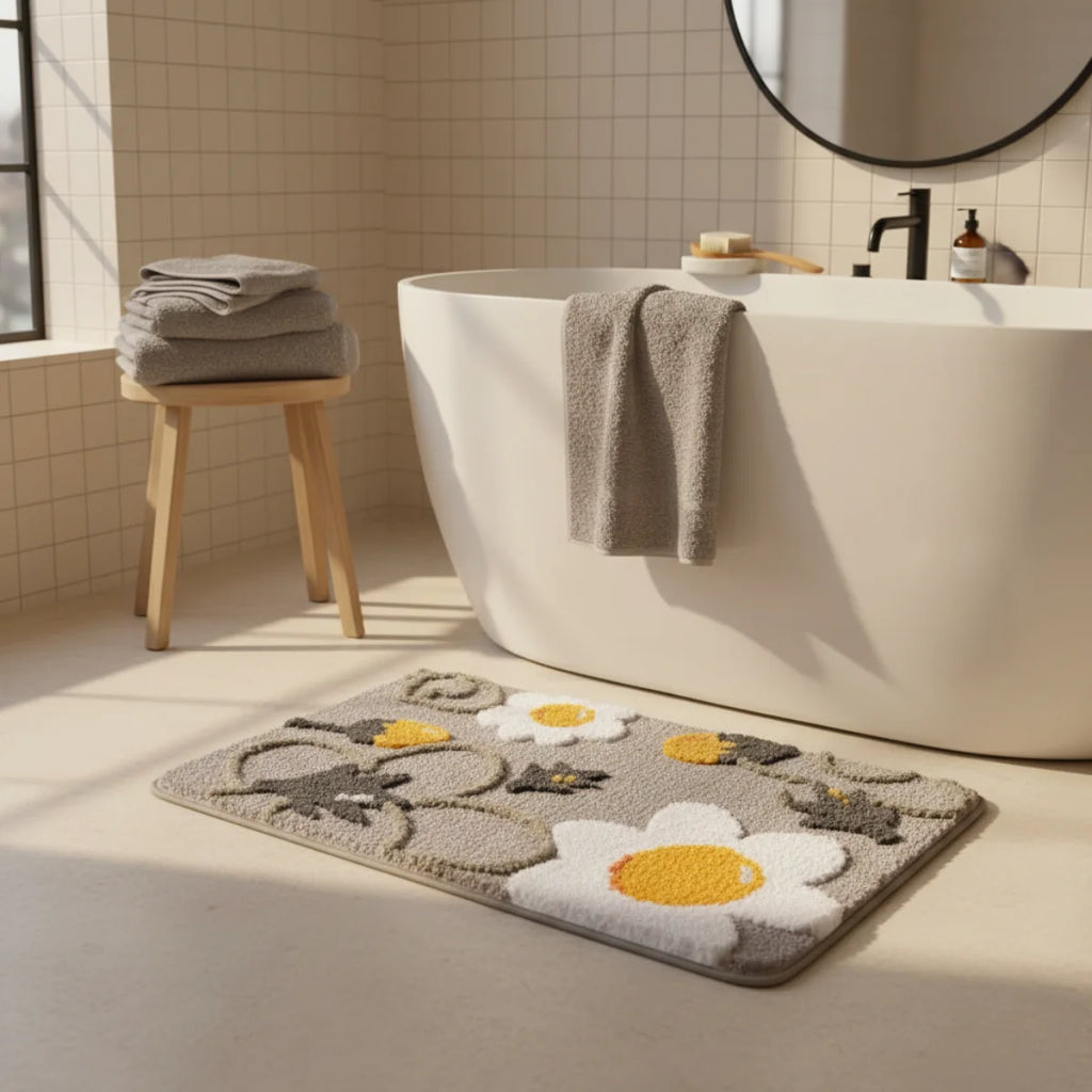 Tapis de Bain Motif Fleur Floral Gris